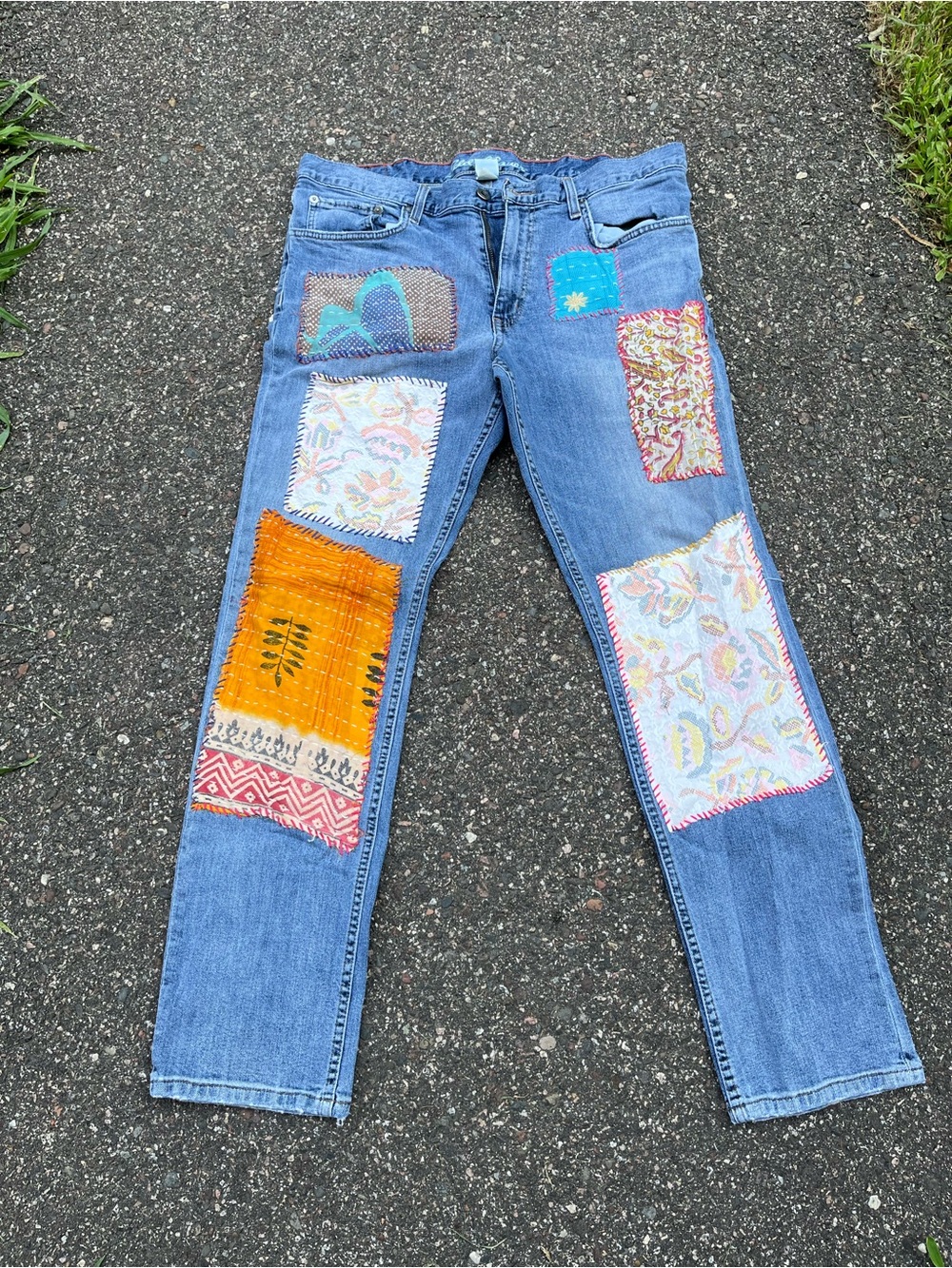 Eddie Bauer Blue Denim Straight-Leg Jeans with Multicolor Patchwork